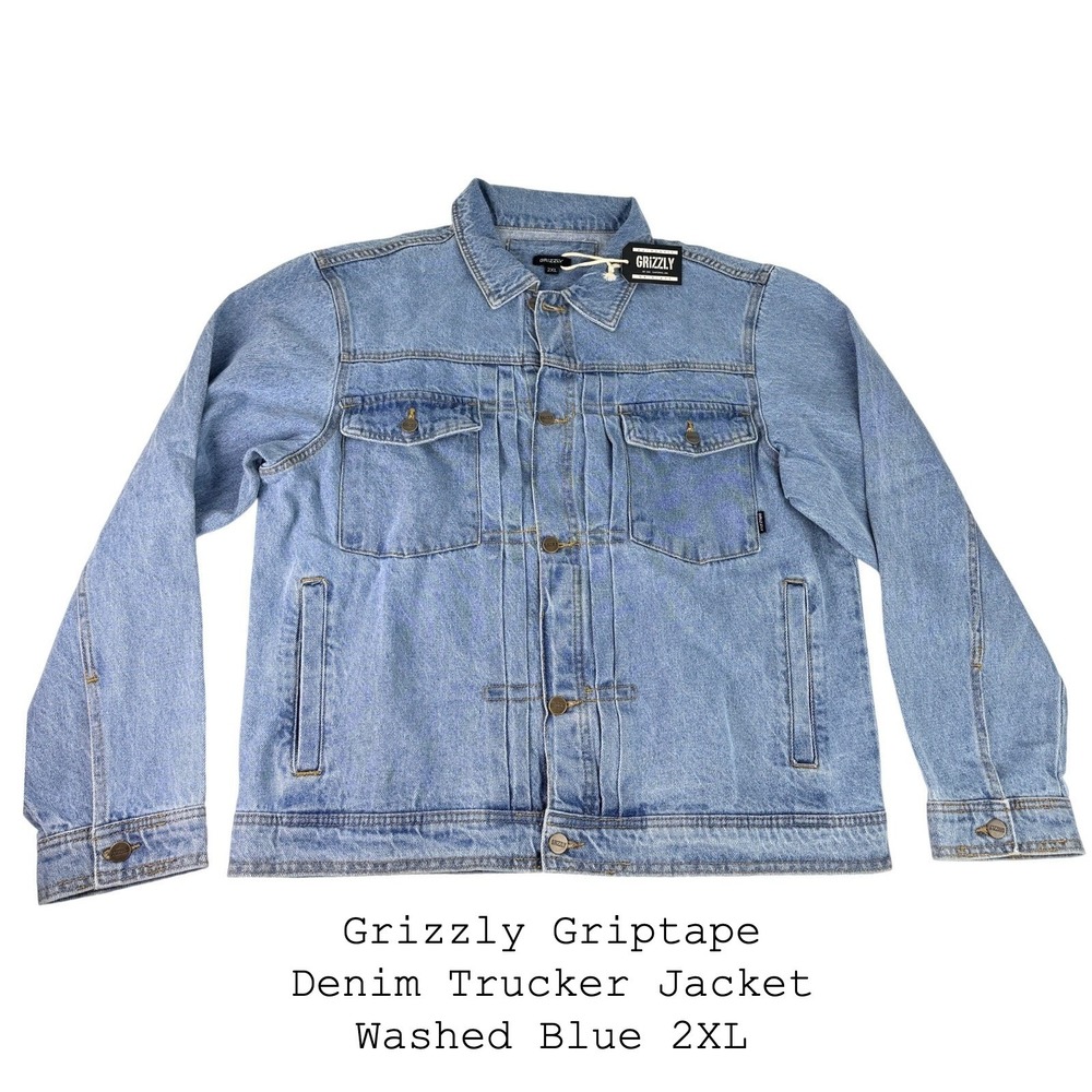 Grizzly Griptape Mens‎ Denim Trucker Jacket Washed Blue 2XL TB80039 NWT